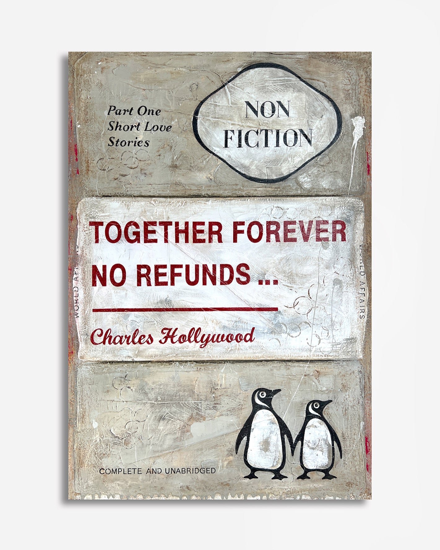 Book cover with penguins and text 'Together Forever No Refunds' by Charles Hollywood