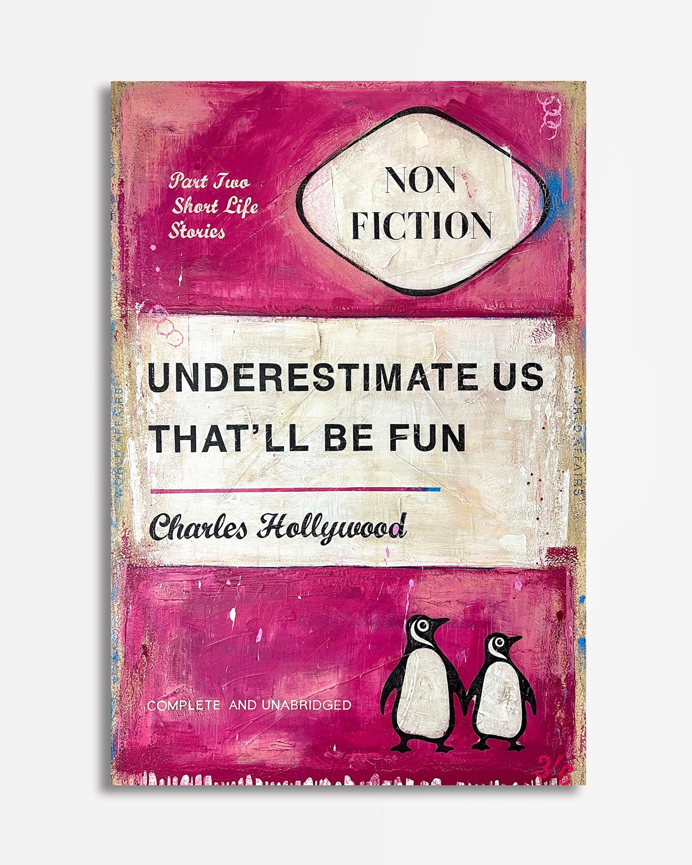 Book cover with penguins and text on a pink and white background