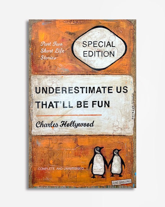 Book cover with penguins and text on a wooden texture background