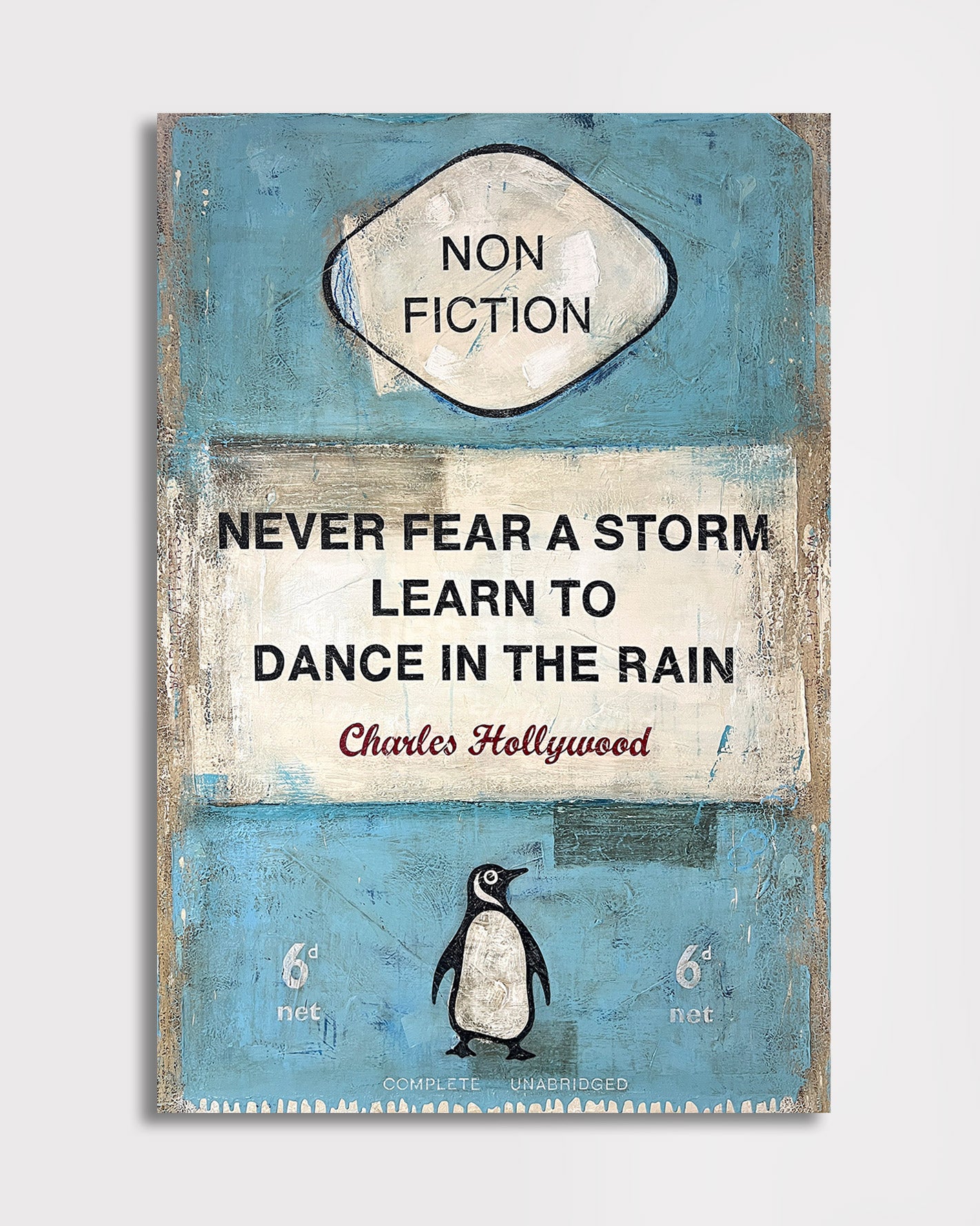 Book cover with a penguin illustration and motivational quote on a textured background